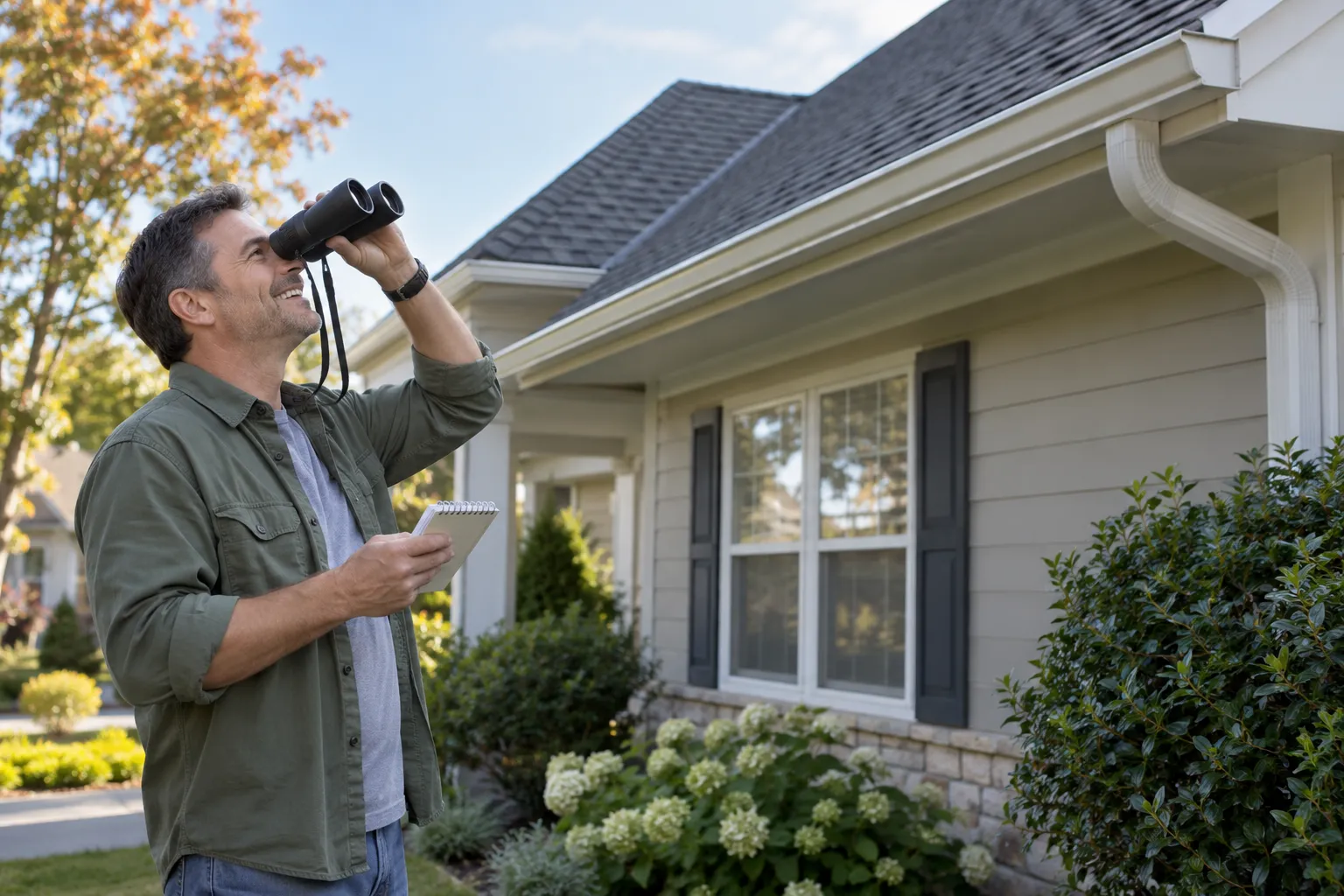 A homeowner checking the roof from the yard with binoculars