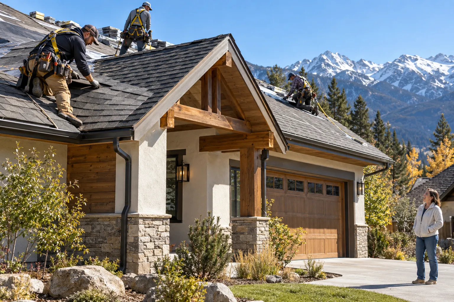 Independent roofing crew installing new shingles on a home near Denver in the Denver area